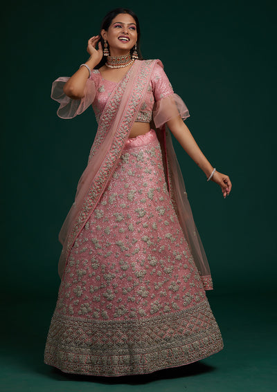Pink Silver Stonework Net Designer Lehenga-Koskii