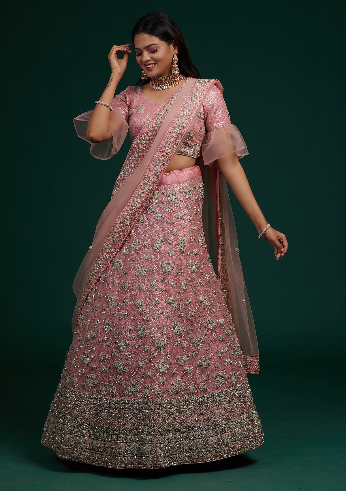 Pink Silver Stonework Net Designer Lehenga-Koskii