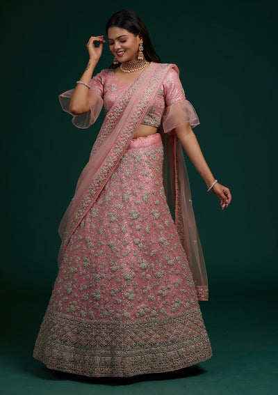 Pink Silver Stonework Net Designer Lehenga-Koskii