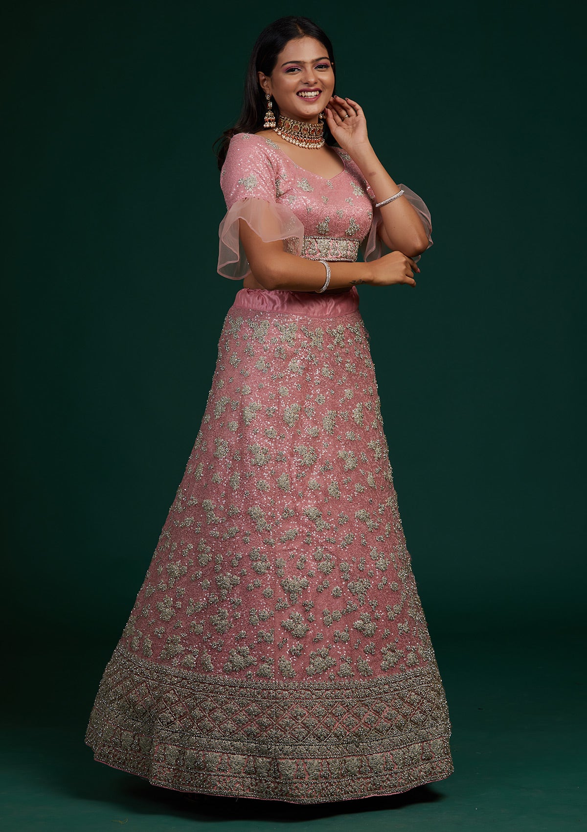 Pink Silver Stonework Net Designer Lehenga-Koskii