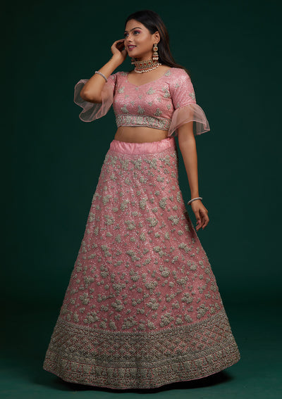 Pink Silver Stonework Net Designer Lehenga-Koskii