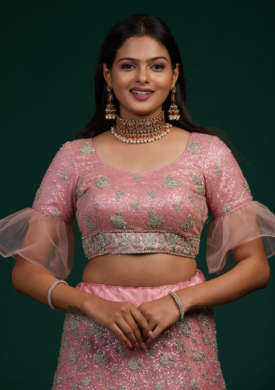 Pink Silver Stonework Net Designer Lehenga-Koskii