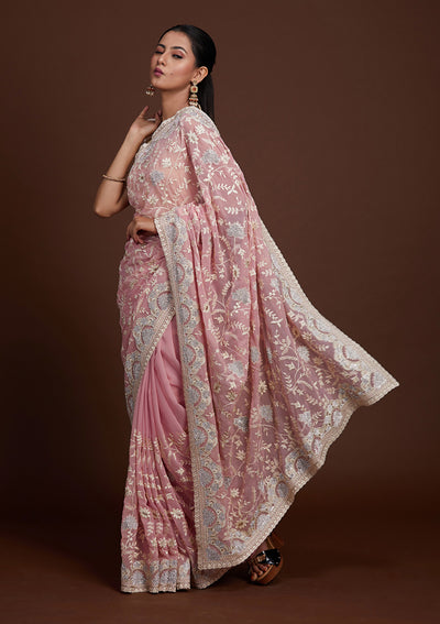 Pink Silver Stonework Net Saree-Koskii