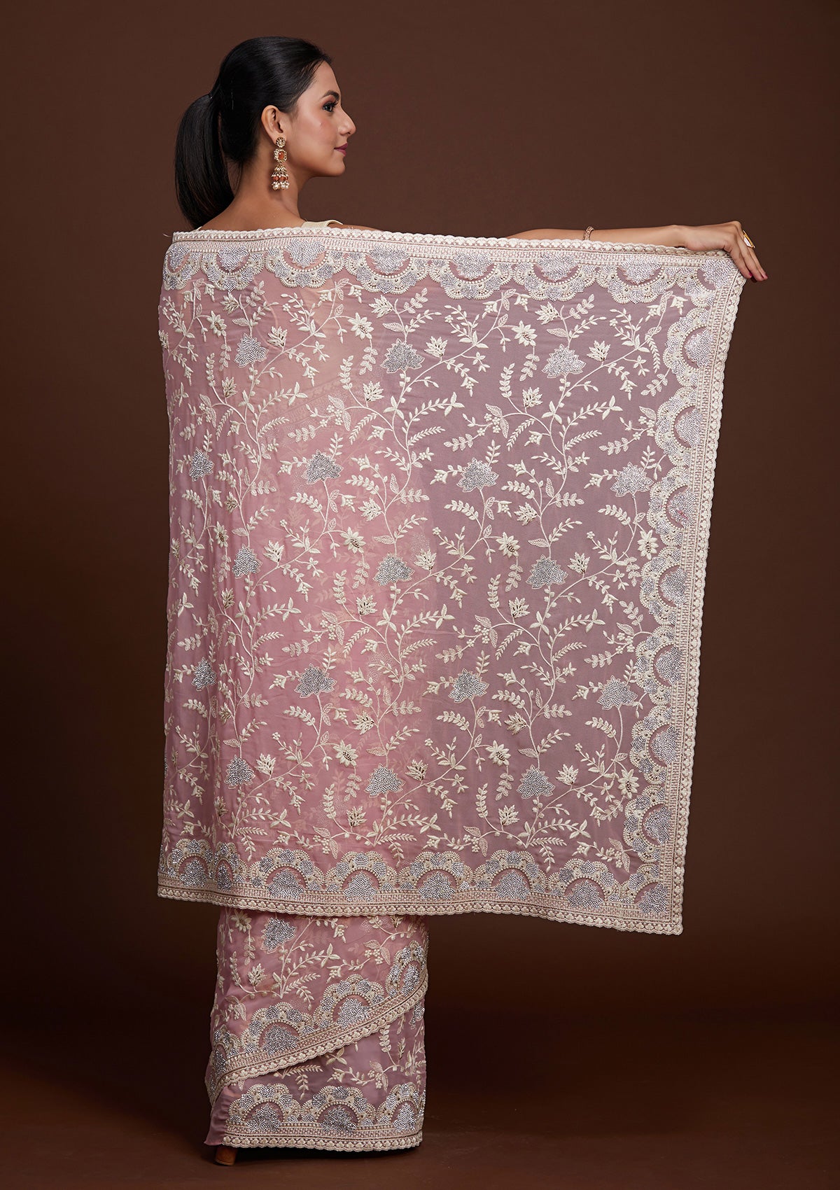 Pink Silver Stonework Net Saree-Koskii