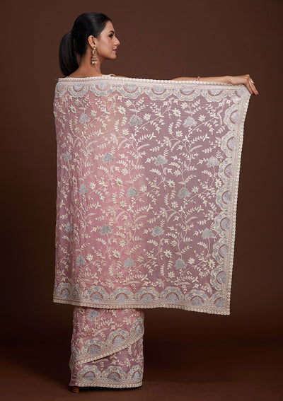 Pink Silver Stonework Net Saree-Koskii
