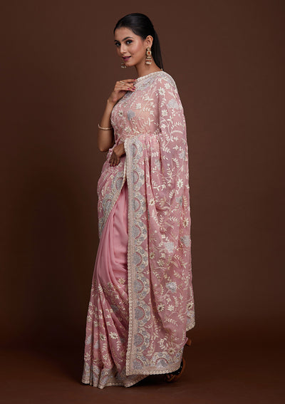 Pink Silver Stonework Net Saree-Koskii