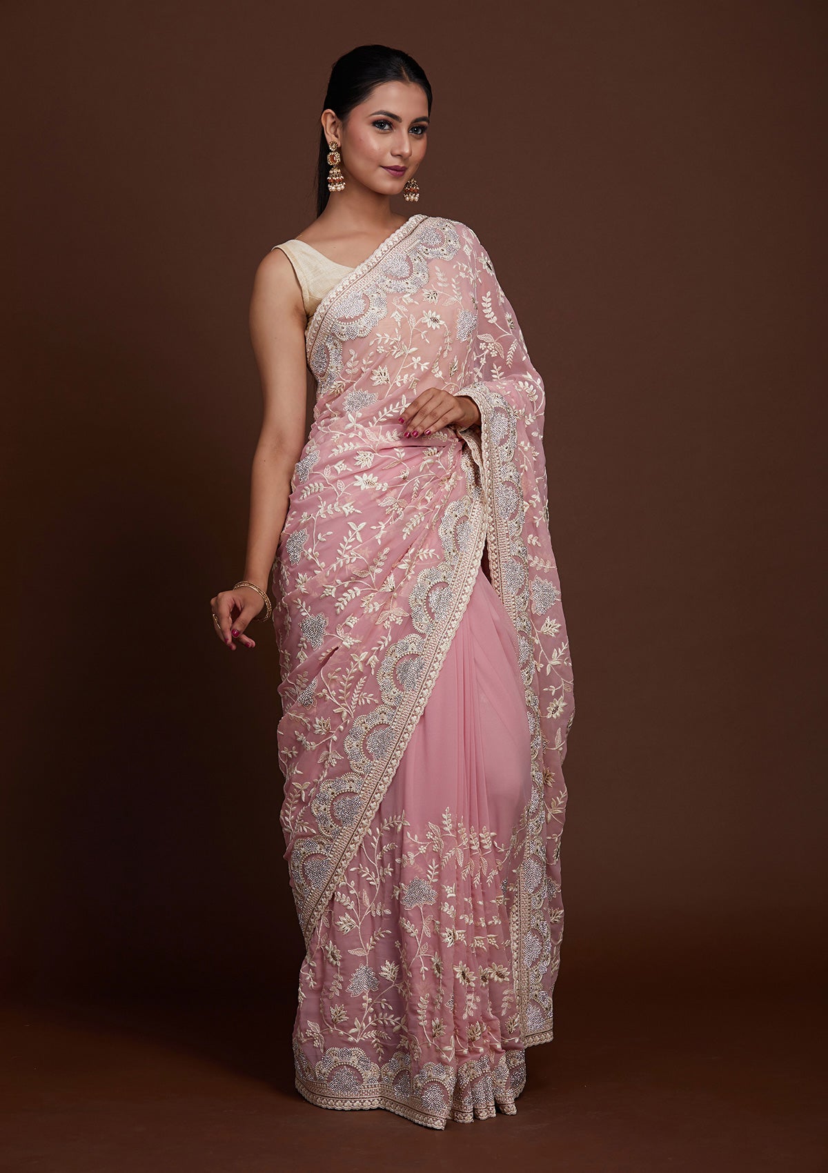 Pink Silver Stonework Net Saree-Koskii
