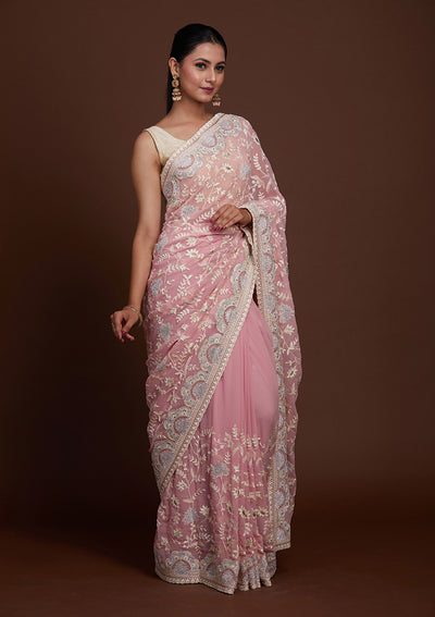 Pink Silver Stonework Net Saree-Koskii