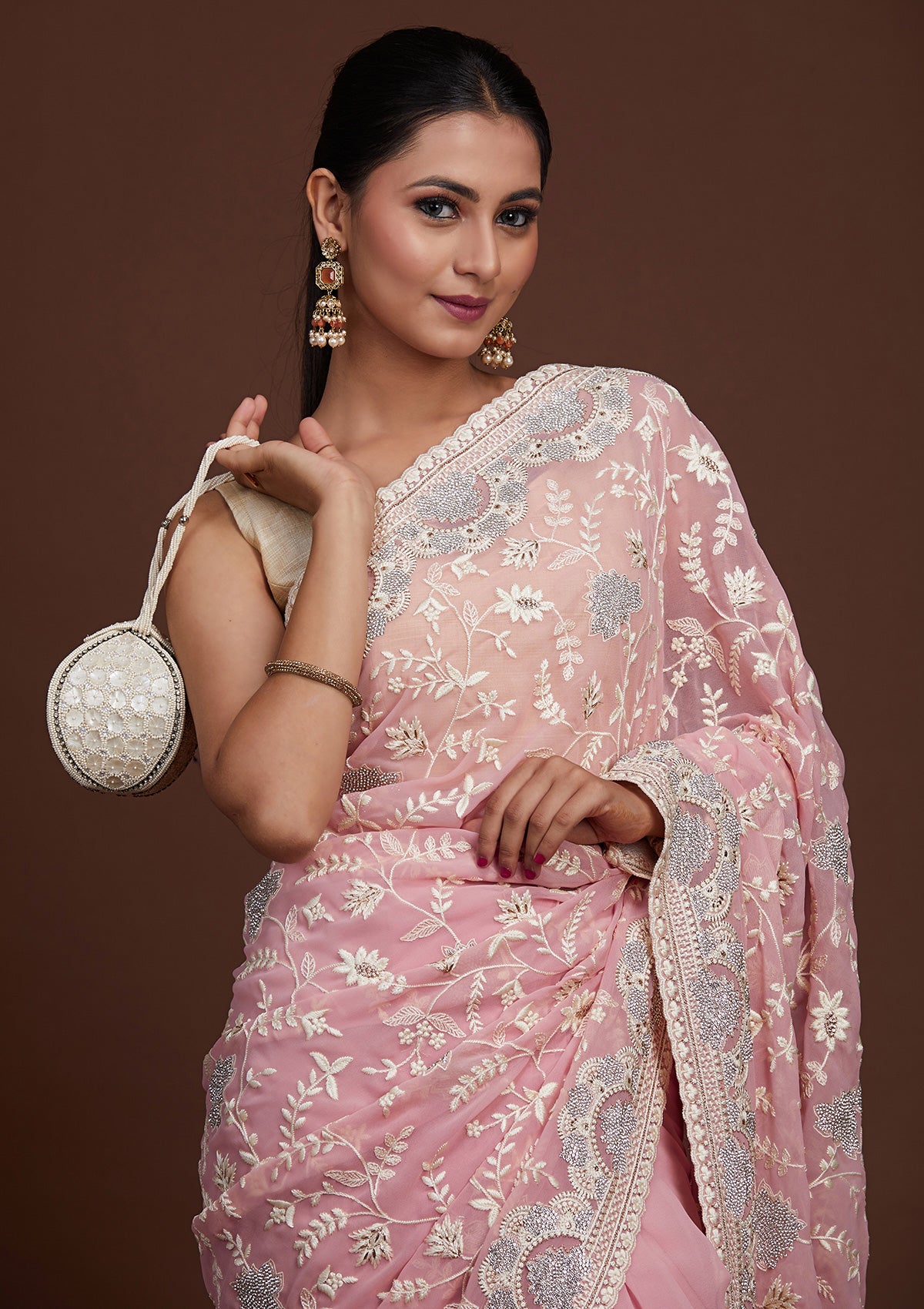 Pink Silver Stonework Net Saree-Koskii