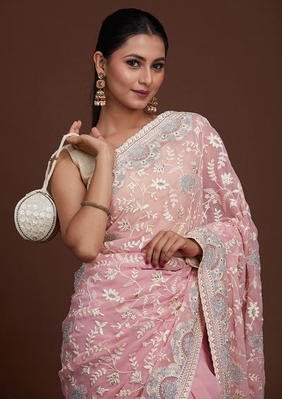 Pink Silver Stonework Net Saree-Koskii