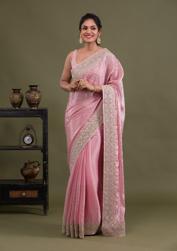 Pink Stonework Satin Saree-Koskii