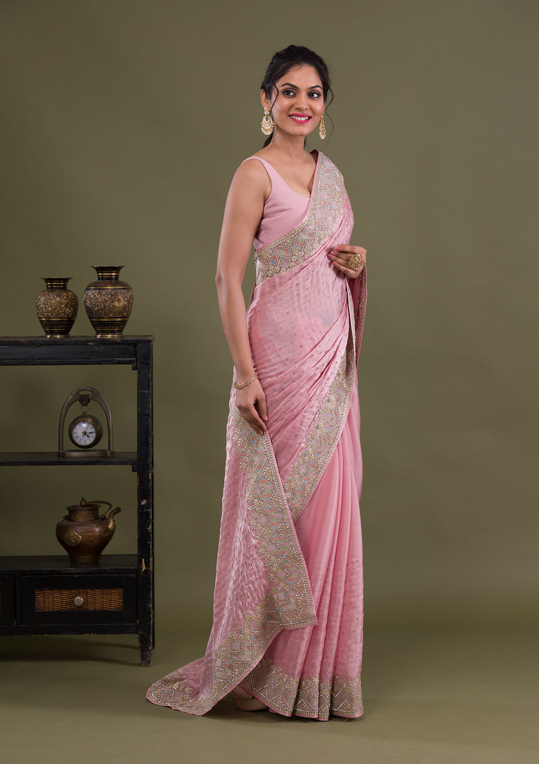 Pink Stonework Satin Saree-Koskii