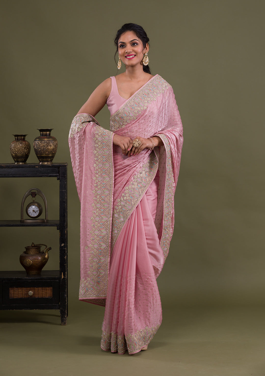 Pink Stonework Satin Saree-Koskii
