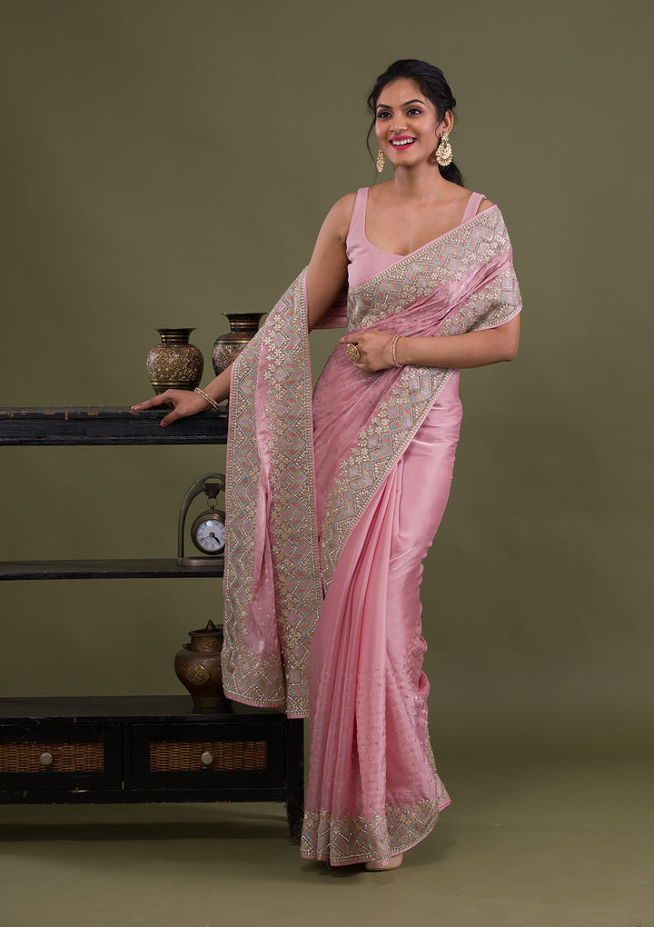 Pink Stonework Satin Saree-Koskii