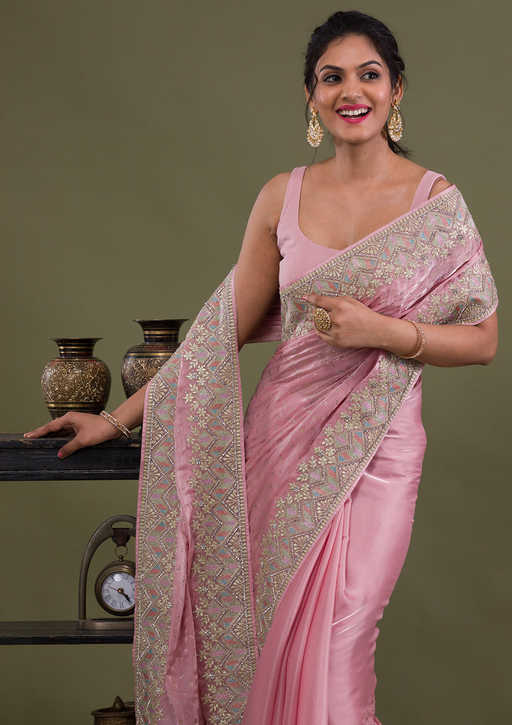 Pink Stonework Satin Saree-Koskii
