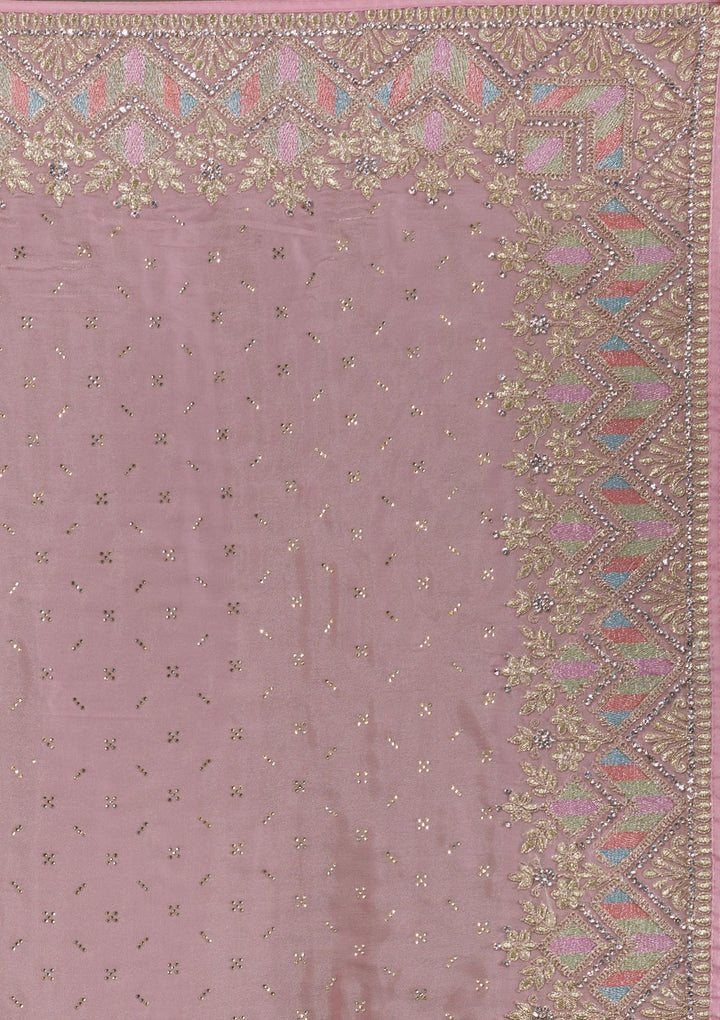 Pink Stonework Satin Saree-Koskii