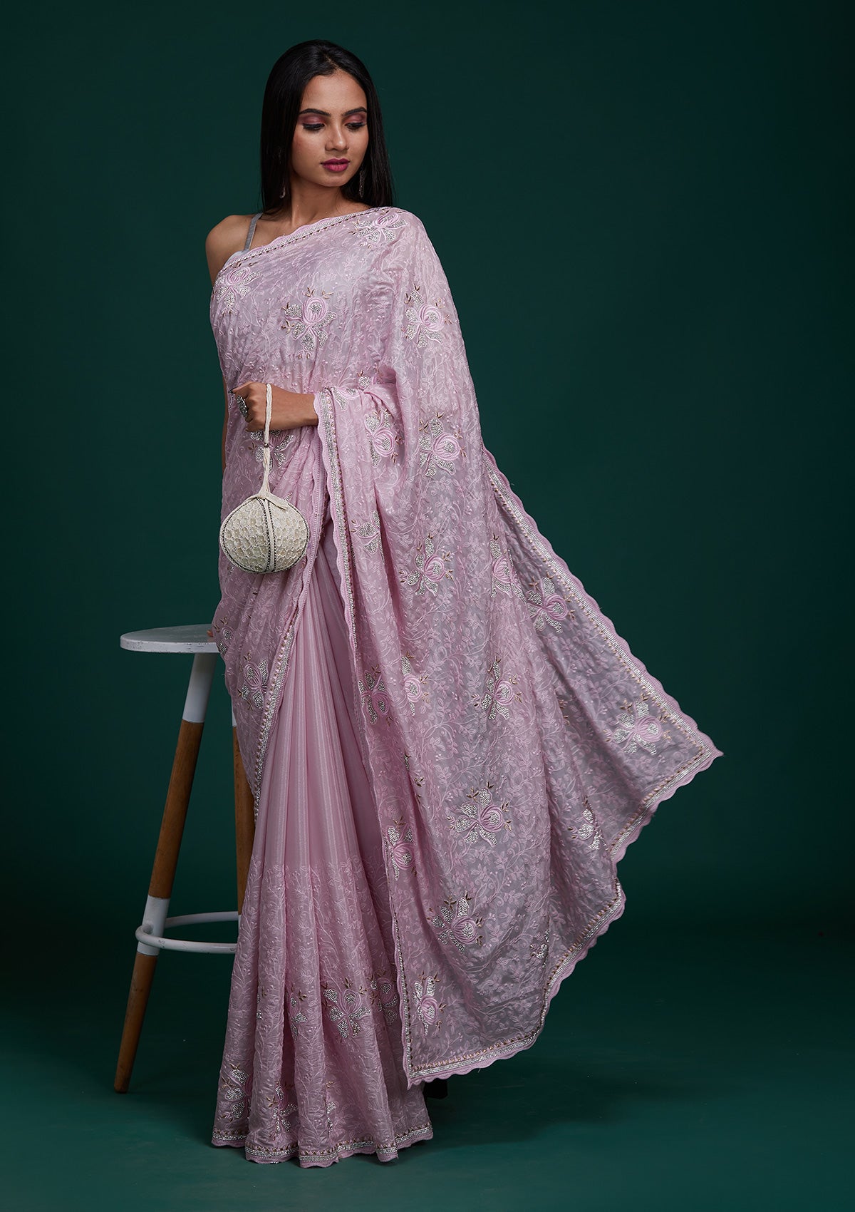 Pink Silver Stonework Tissue Saree - Koskii