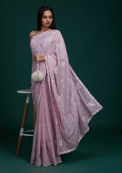 Pink Silver Stonework Tissue Saree - Koskii