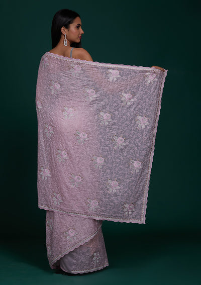 Pink Silver Stonework Tissue Saree - Koskii