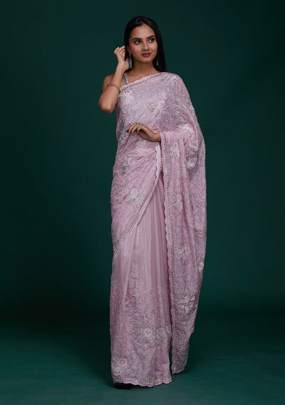Pink Silver Stonework Tissue Saree - Koskii
