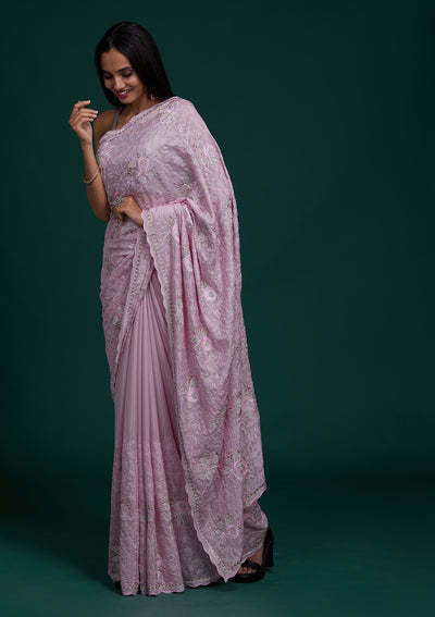 Pink Silver Stonework Tissue Saree - Koskii