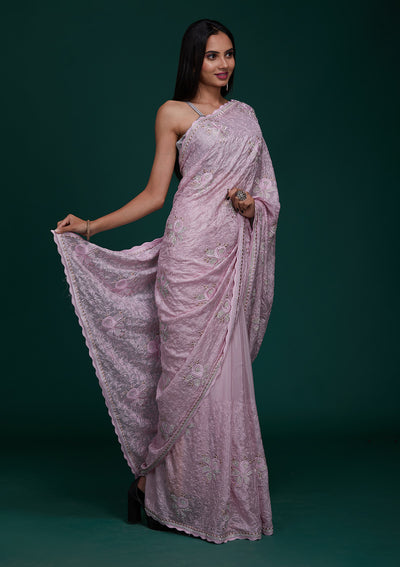 Pink Silver Stonework Tissue Saree - Koskii