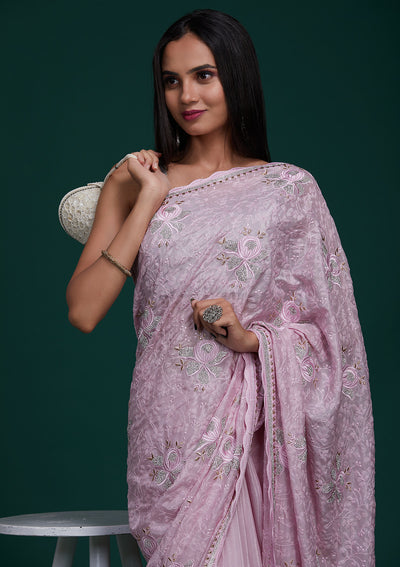 Pink Silver Stonework Tissue Saree - Koskii