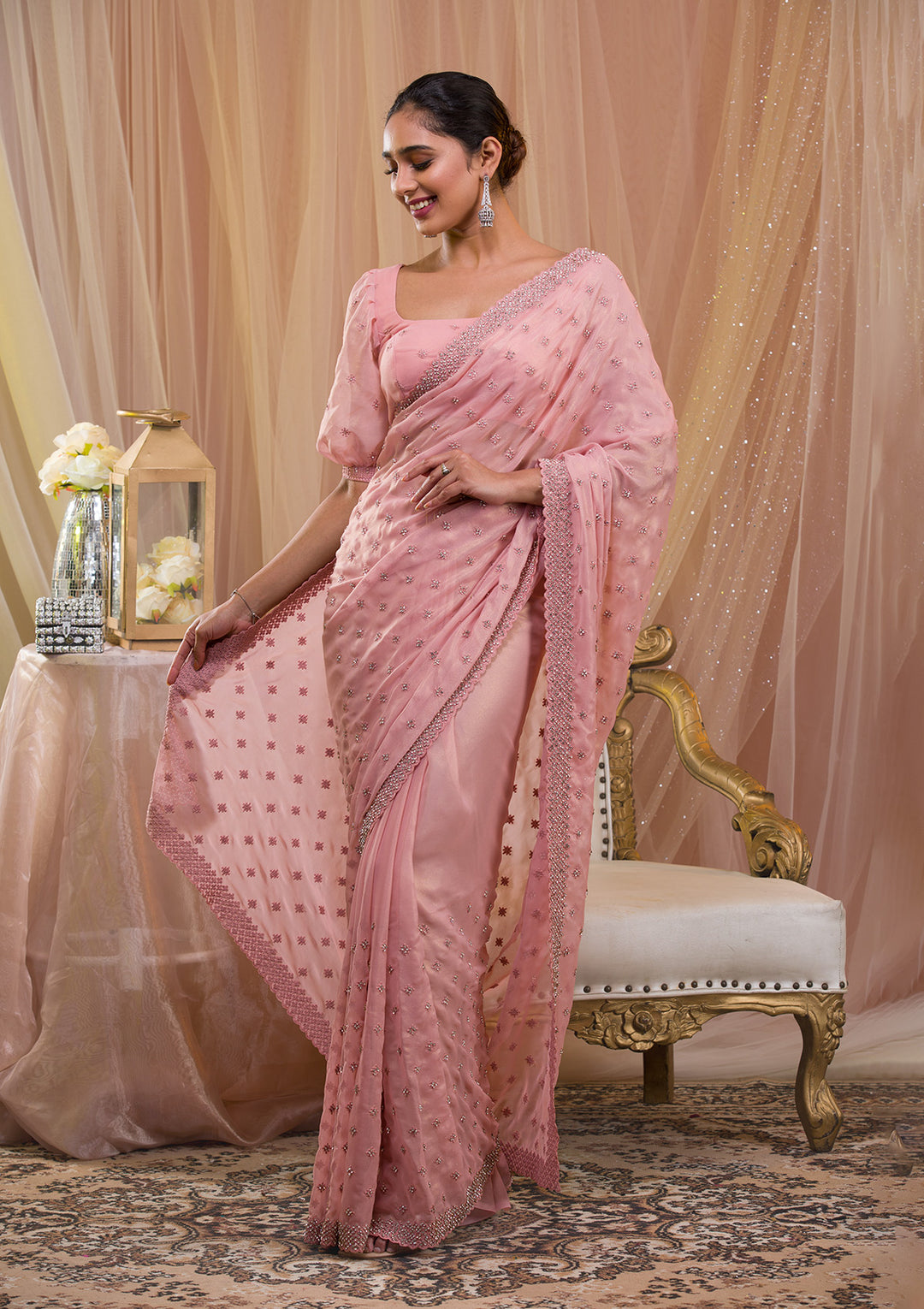 Pink Silver Stonework Georgette Saree-Koskii