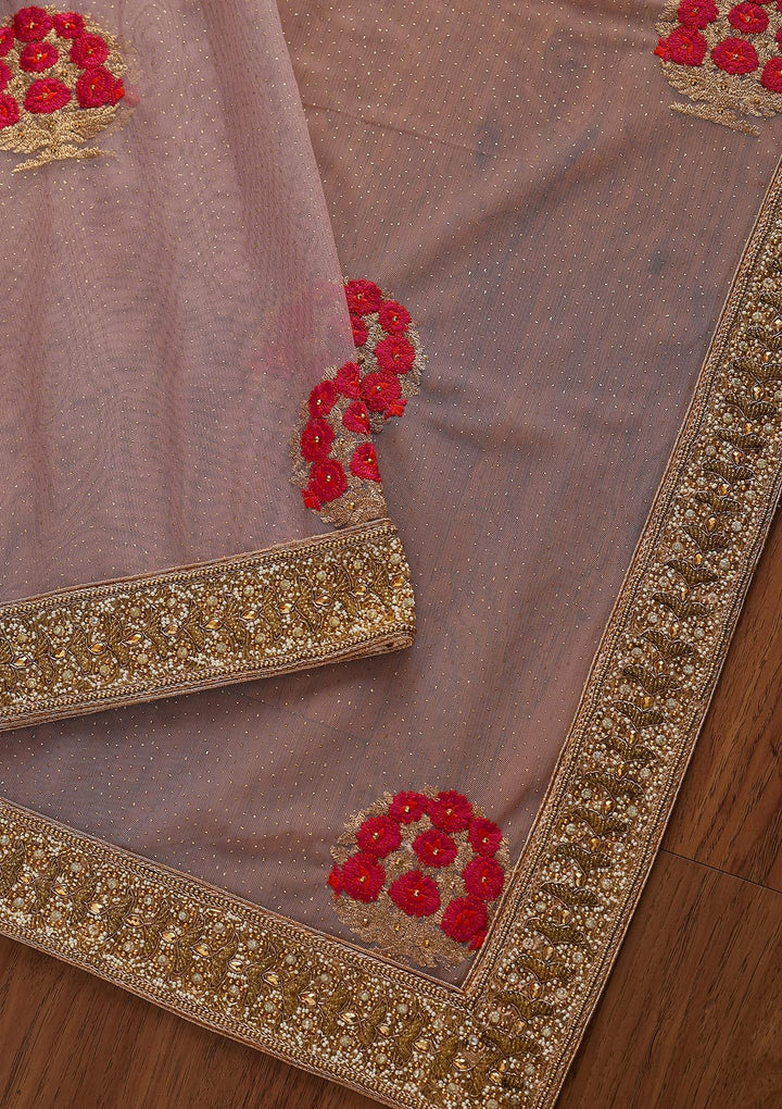 Pink Stonework Net Designer Saree - koskii