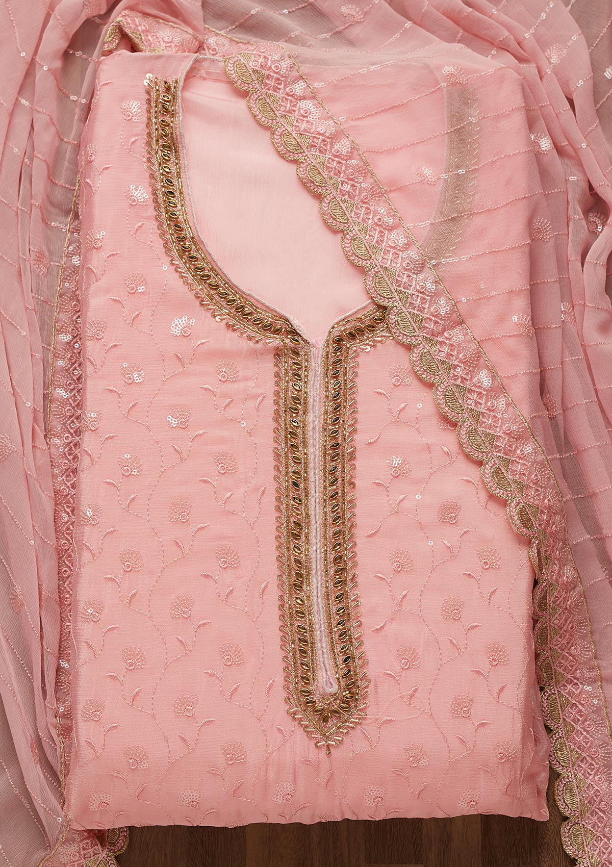 Pink Stonework Semi Crepe Unstitched Salwar Suit-Koskii