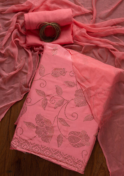 Pink Swarovski Semi Crepe Designer Unstitched Salwar Suit - koskii