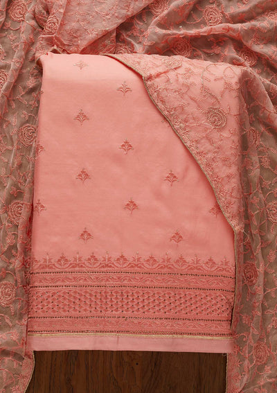 Pink Threadwork Chanderi Designer Unstitched Salwar Suit - koskii