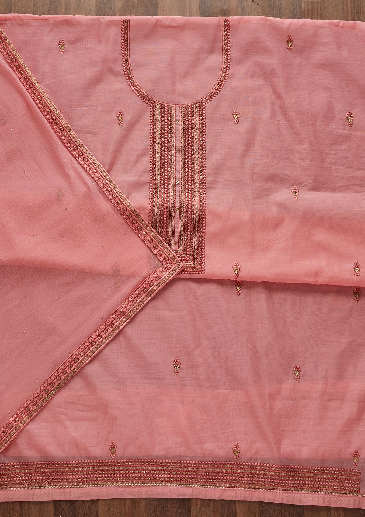 Pink Threadwork Chanderi Designer Unstitched Salwar Suit - Koskii