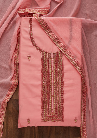 Pink Threadwork Chanderi Designer Unstitched Salwar Suit - Koskii