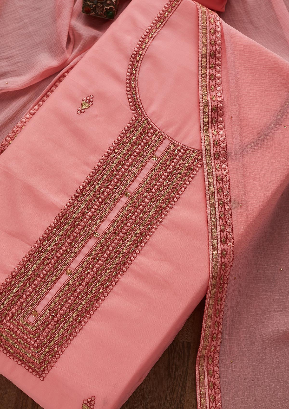 Pink Threadwork Chanderi Designer Unstitched Salwar Suit - Koskii