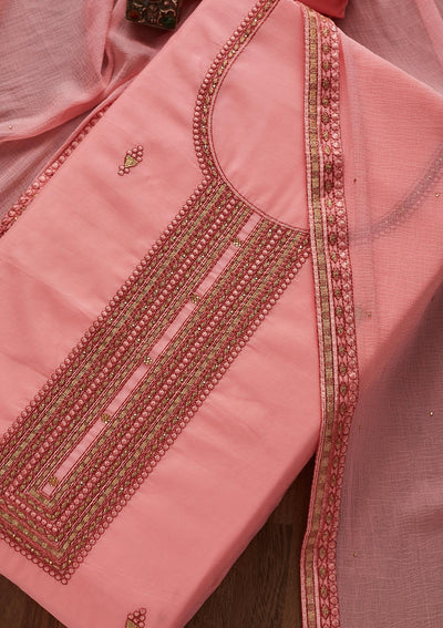 Pink Threadwork Chanderi Designer Unstitched Salwar Suit - Koskii