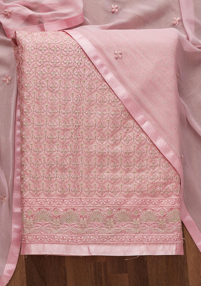 Pink Threadwork Chanderi Unstitched Salwar Suit-Koskii