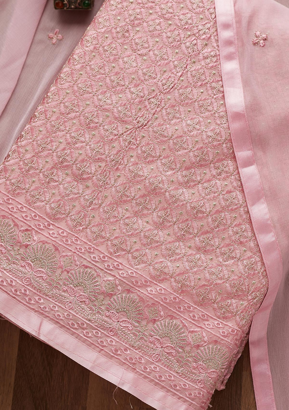 Pink Threadwork Chanderi Unstitched Salwar Suit-Koskii