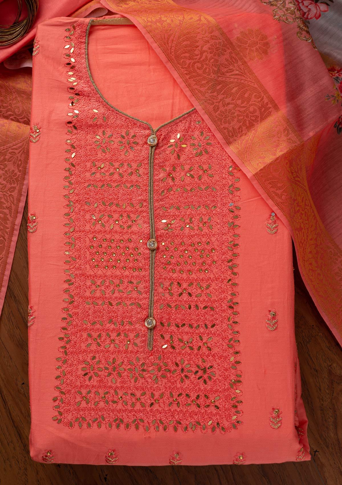 Pink Threadwork Cotton Designer Unstitched Salwar Suit - koskii