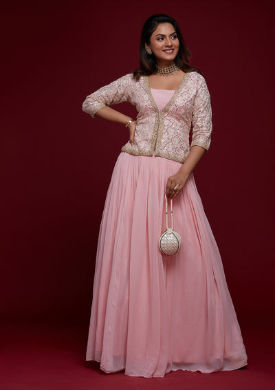 Pink Threadwork Georgette Designer Lehenga - Koskii