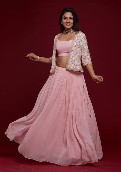 Pink Threadwork Georgette Designer Lehenga - Koskii