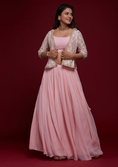 Pink Threadwork Georgette Designer Lehenga - Koskii