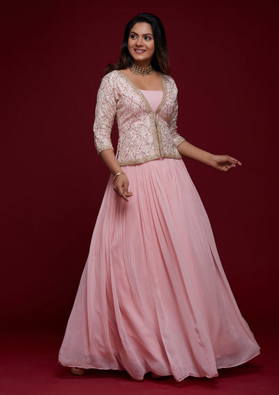 Pink Threadwork Georgette Designer Lehenga - Koskii