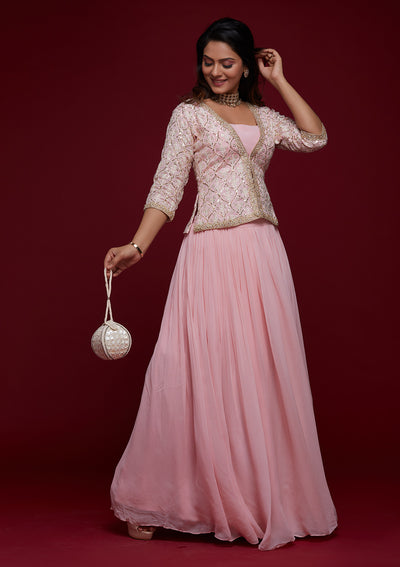 Pink Threadwork Georgette Designer Lehenga - Koskii
