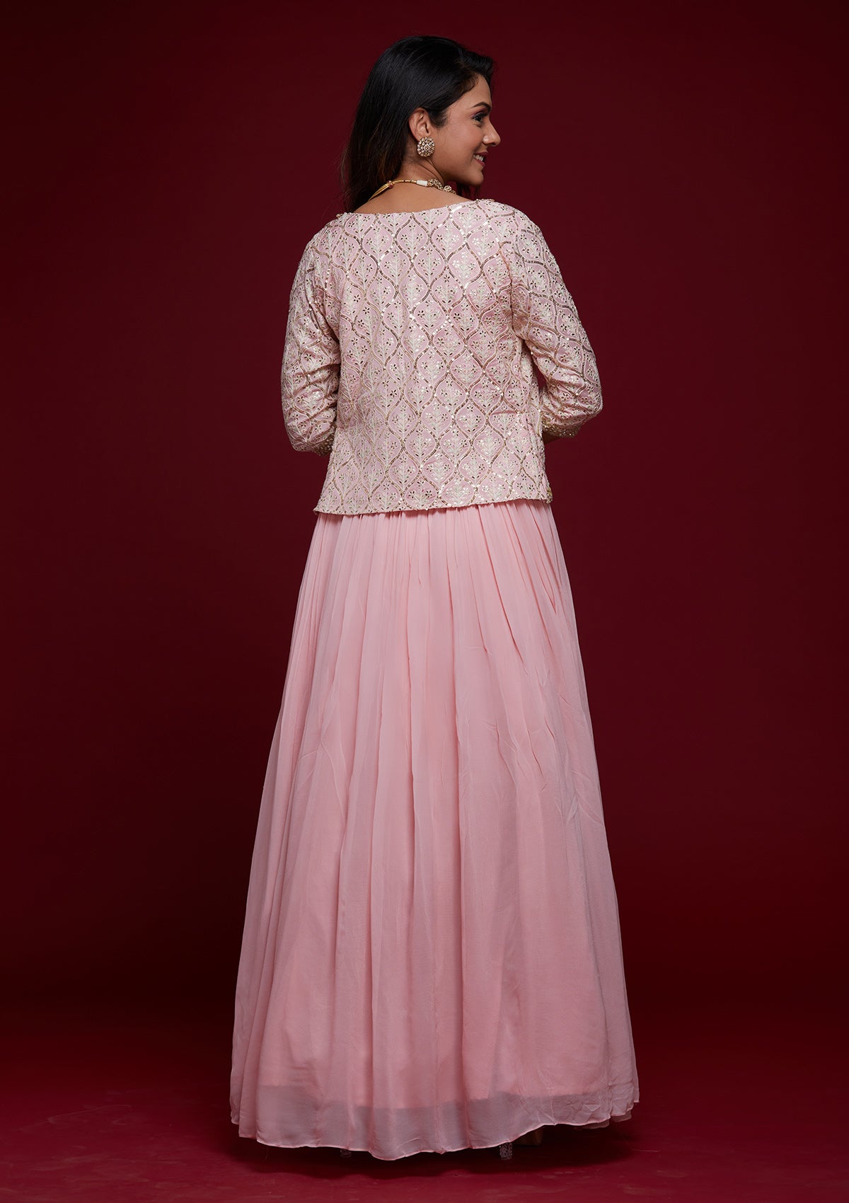Pink Threadwork Georgette Designer Lehenga - Koskii
