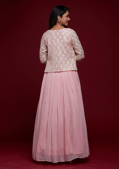 Pink Threadwork Georgette Designer Lehenga - Koskii
