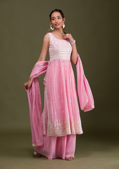 Pink Threadwork Georgette Readymade Salwar Suit-Koskii