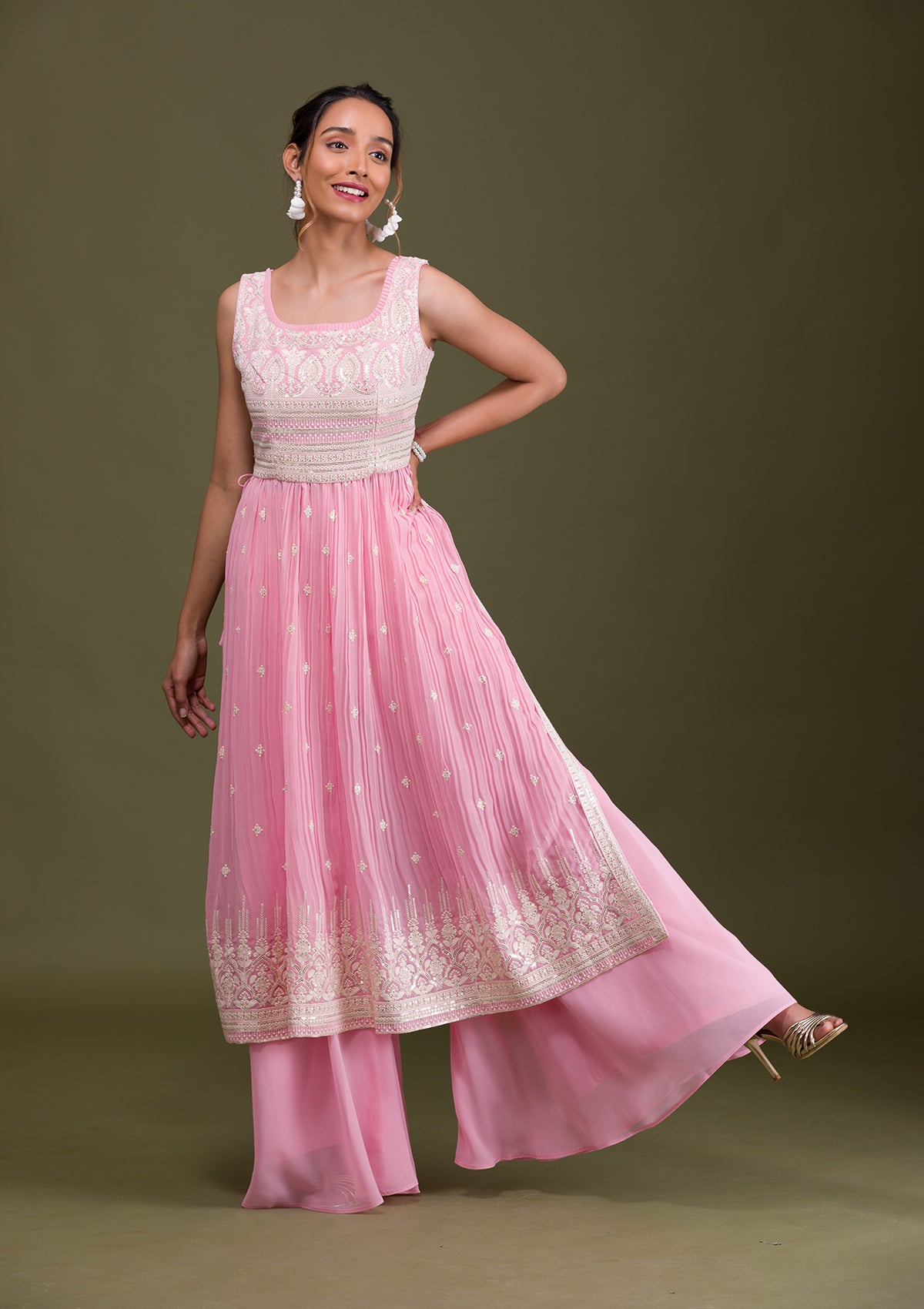 Pink Threadwork Georgette Readymade Salwar Suit-Koskii