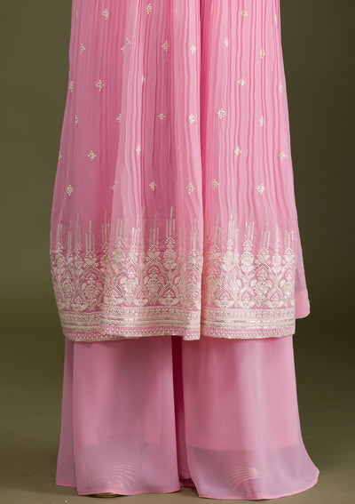 Pink Threadwork Georgette Readymade Salwar Suit-Koskii