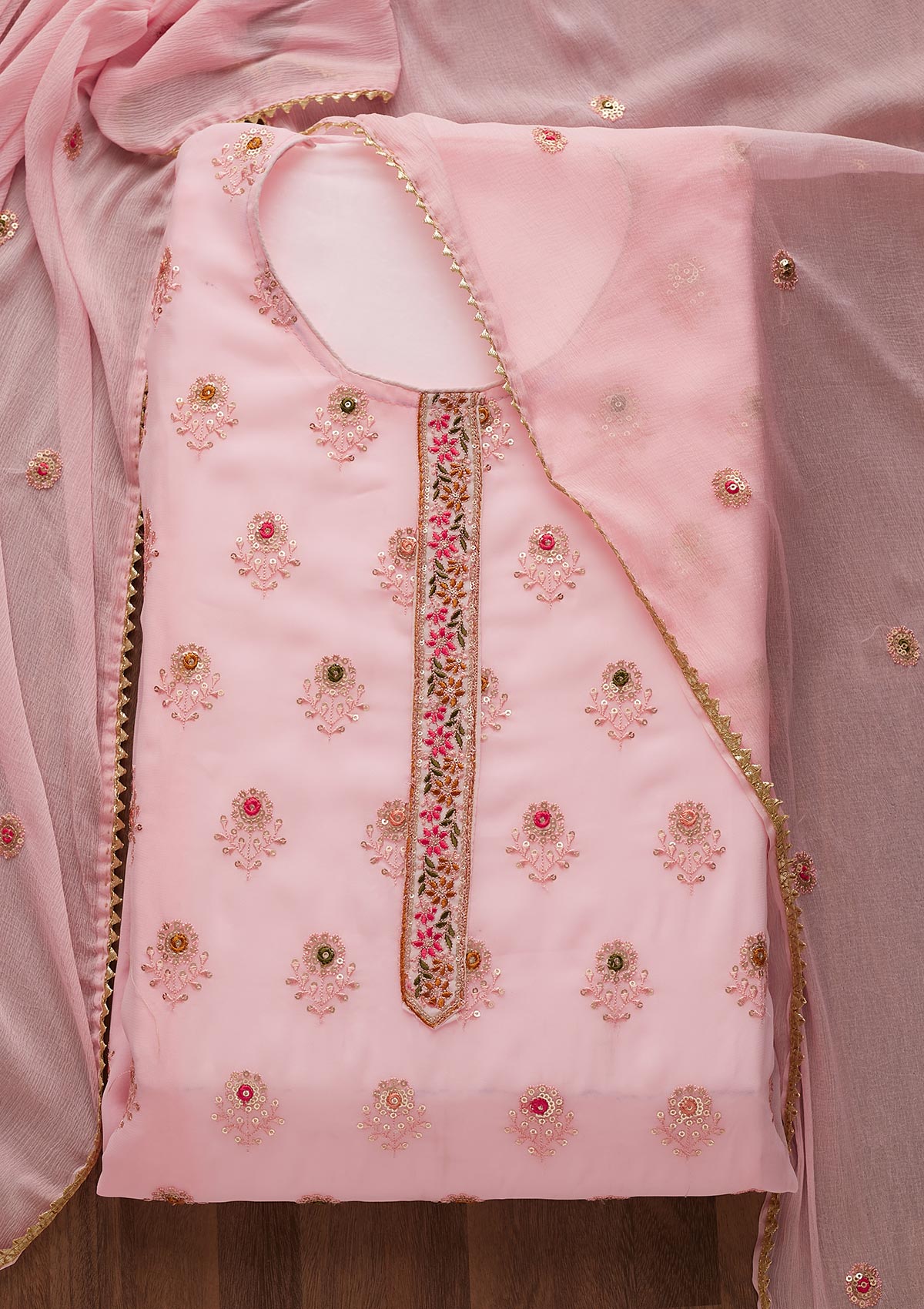 Pink Threadwork Georgette Semi-Stitched Salwar Suit-Koskii